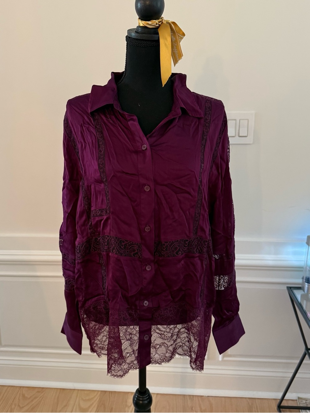 INC International Concepts Plum Sheer Lace Button-Up Blouse